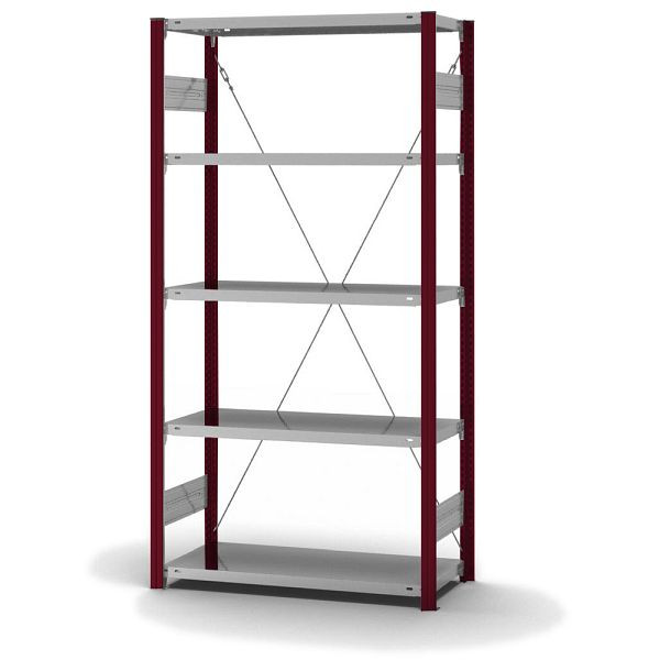 hofe Fachboden-Grundregal, 2000x400x1000 mm, 5 Fachebenen, verzinkt / RAL 3004, 145 kg Fachlast, 1600 kg Feldlast, einseitige Bedienung, HRG204010XL