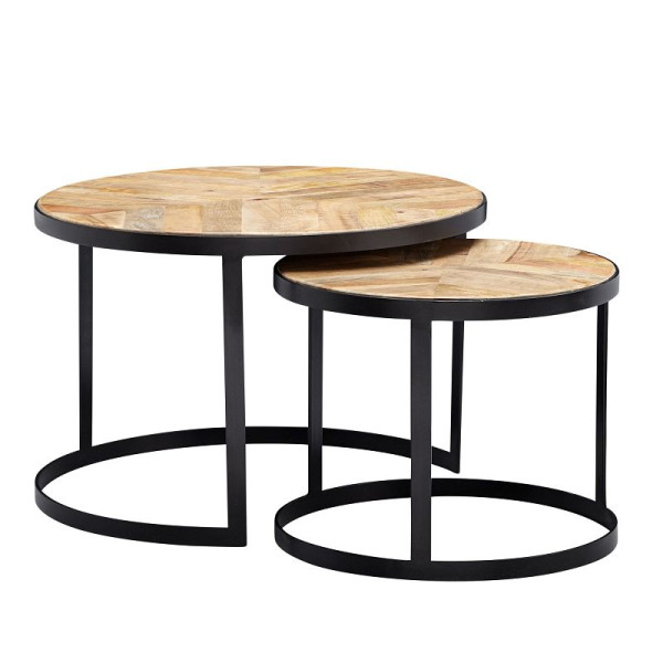 Wohnling Couchtisch 2er Set Massivholz/Metall Industrial Rund, mit Metallbeine Schwarz, WL6.347