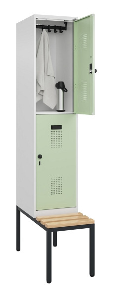 C+P Doppelstock-Spind Evolo PLUS, Bank, 2 Fächer, 2120x400x815mm, 9016/6019, Drehriegel, Sitzfläche Buche-Hartholz, Sitzbank, 0493507-12 S10019