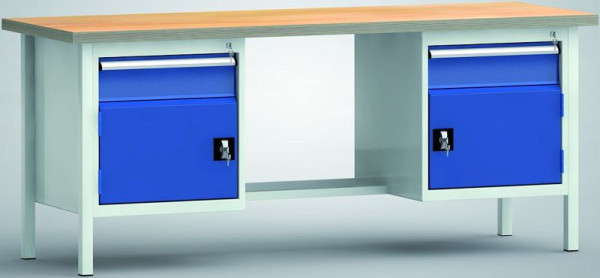 KLW Standard-Werkbank, 2000 x 700 x 840 mm, Buchen-Multiplexplatte, L:150EA/Türe 350 mm; M:Stahlblechablage; R: 150EA/Türe 350 mm, WS202N-2000M40-E2001