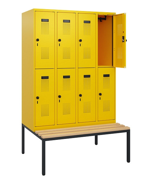 C+P Doppelstöckiger Spind Evolo PLUS, Bank, 8 Fächer, 1950x1200x815mm, 1023/1023, Drehriegel, Sitzfläche Buche-Hartholz, Sitzbank, 0493505-40 S10027