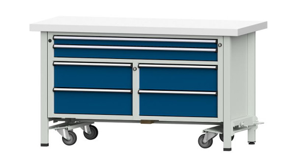 ANKE Werkbänke Kastenwerkbank, Modell 255 V, 1500 x 700 x 850 mm, RAL 7035/5010, KSP 50 mm, mit absenkbarer Fahreinrichtung, 304.211