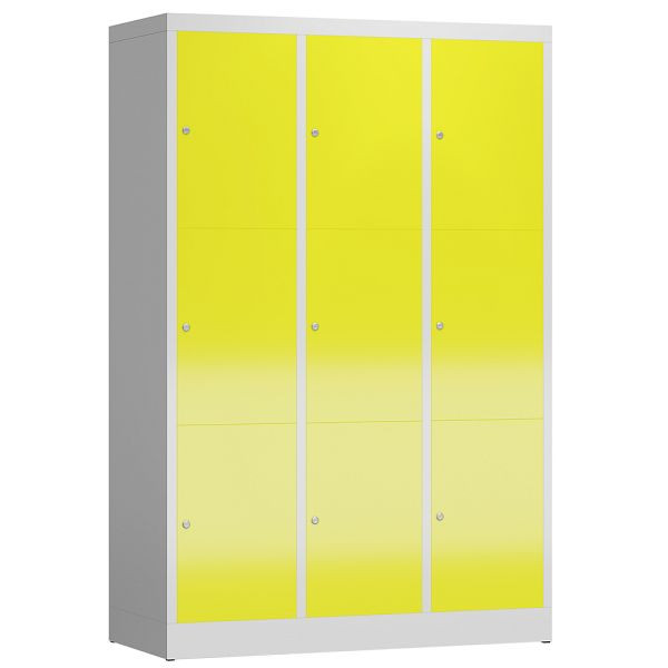 Lüllmann ClassiX Schließfachschrank, 3 Abteile à 3 Fächer, 1800 x 1185 x 500 mm, lichtgrau/zinkgelb, X-523336
