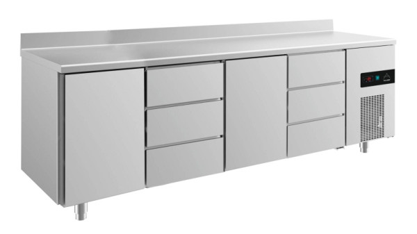 A&S Polarny Kühltisch -2 bis +8°C mit 2x Türen und 2x drei Schubladen mittig-links+rechts, 2330 x 700 x 850 mm, mit Aufkantung, KT4TDTDA