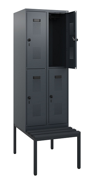 C+P Doppelstöckiger Spind Evolo PLUS, Bank, 4 Fächer, 1950x600x815mm, 7016/7016, Drehriegel, Sitzfläche Kunststoff, Sitzbank, 0493505-20 S10112