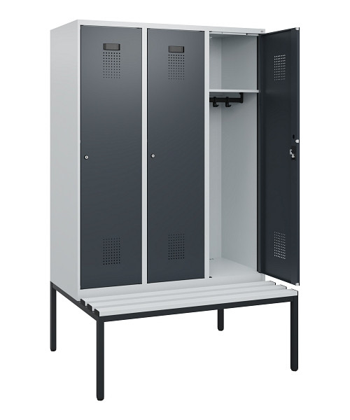 C+P Spind Evolo PLUS, 3 Abteile, 1950x1200x815mm, 7035/7016, Zylinderschloss, Material Sitzfläche Kunststoff, Sitzbank, 0490505-32 S10093