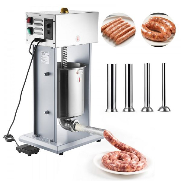 VEVOR Elektrischer Wurstfüller 10L, Vertikal, mit Geschwindigkeitsregelung, Pedal, 4 Füllrohren, Edelstahl, für Gewerbe & Privat, DDKGCJ10LLSTSI76E001V2