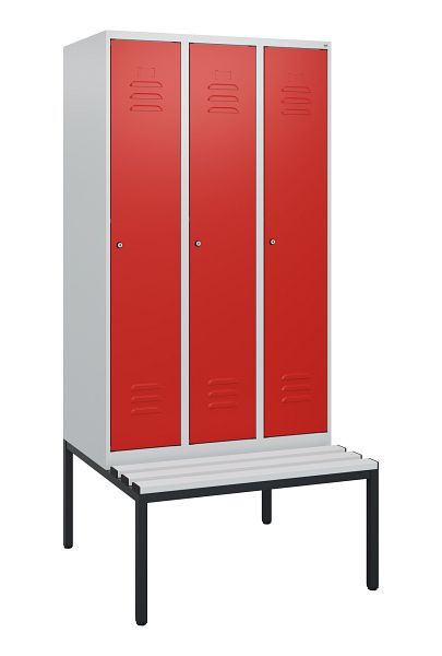 C+P Umkleidespind Classic PLUS, mit untergebauter Sitzbank, 3 Abteile, 1950x900x815mm, 7035/3020, Zylinderschlösser, 0800505-30 S10047