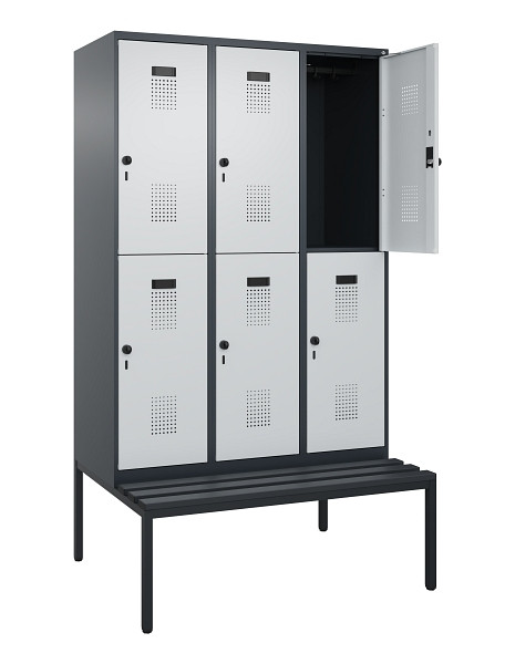 C+P Doppelstock-Spind Evolo PLUS, Bank, 6 Fächer, 2120x1200x815mm, 7016/7035, Drehriegel, Sitzfläche Kunststoff, Sitzbank, 0493507-32 S10098