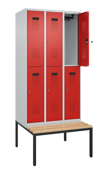 C+P Doppelstock-Spind Evolo PLUS, Bank, 6 Fächer, 2120x900x815mm, 7035/3020, Zylinderschloss, Sitzfläche Buche-Hartholz, Sitzbank, 0493507-30 S10032