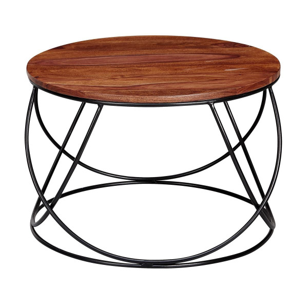 Wohnling Couchtisch Sheesham Massivholz/Metall 60 x 40 x 60 cm, Wohnzimmertisch Rund Massiv Braun, Sofatisch Modern Holztisch, WL6.171