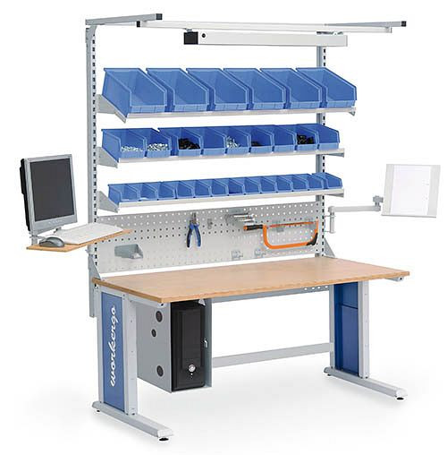 Bedrunka+Hirth Multi-Wand-Aufbau workergo mit Obergestell, 1x Lochplatte, 3x Fachboden, 2x Schwenkarm, Maße in mm (BxTxH): 1500 x 750 x 1250, 4C150-5