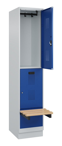 C+P Doppelstock-Spind Evolo PLUS, Bank, 2 Fächer, 1950x400x815mm, 7035/5010, Zylinderschloss, Sitzfläche Buche-Hartholz, mit Sockel, 049340-12 S10033