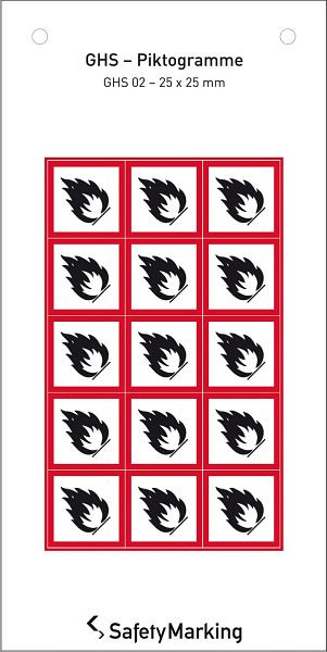 SafetyMarking GHS-Gefahrenpiktogramm, Symbol 02: Flamme, BxH 2,5x2,5 cm, Folie, selbstklebend, VE: 15 Stück/Bogen, 30.3551-02