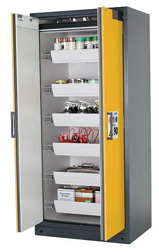asecos Feuerbeständiger Gefahrstoffschrank Select W-96, 6 Auszugswannen, Türen gelb, 201045