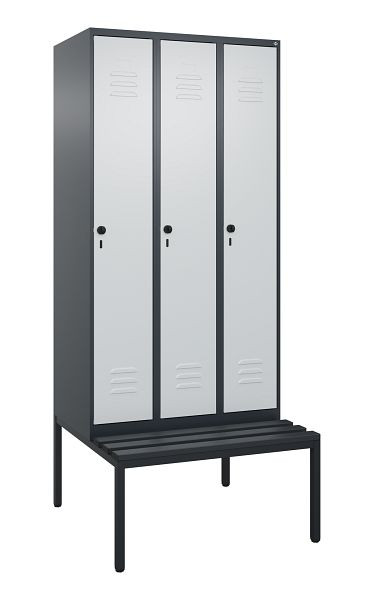 C+P Umkleidespind Classic PLUS, mit untergebauter Sitzbank, 3 Abteile, 2120x900x815mm, 7016/7035, Drehriegel, 0800507-30 S10043