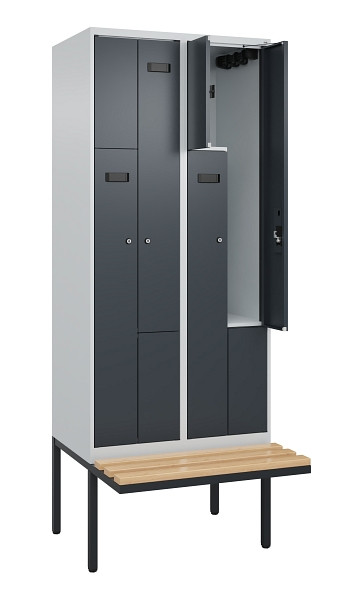 C+P Z-Spind Evolo PLUS, Bank, 4 Fächer, 2120x800x815mm, 7035/7016, Zylinderschloss, Sitzfläche Holz, 0490437-224 S10036