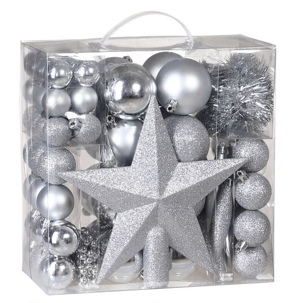 DEUBA Weihnachtskugeln Silber 77 tlg in matt glänzend & glitzernd, 103311