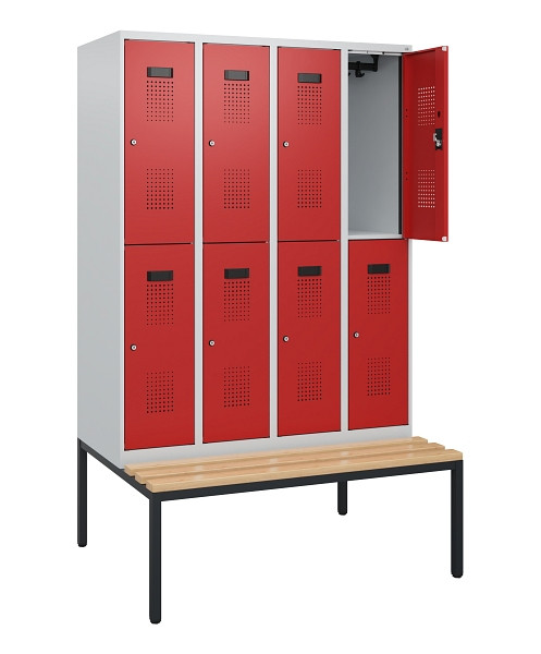 C+P Doppelstöckiger Spind Evolo PLUS, Bank, 8 Fächer, 1950x1200x815mm, 7035/3000, Zylinderschloss, Sitzfläche Buche-Hartholz, Sitzbank, 0493505-40 S10024