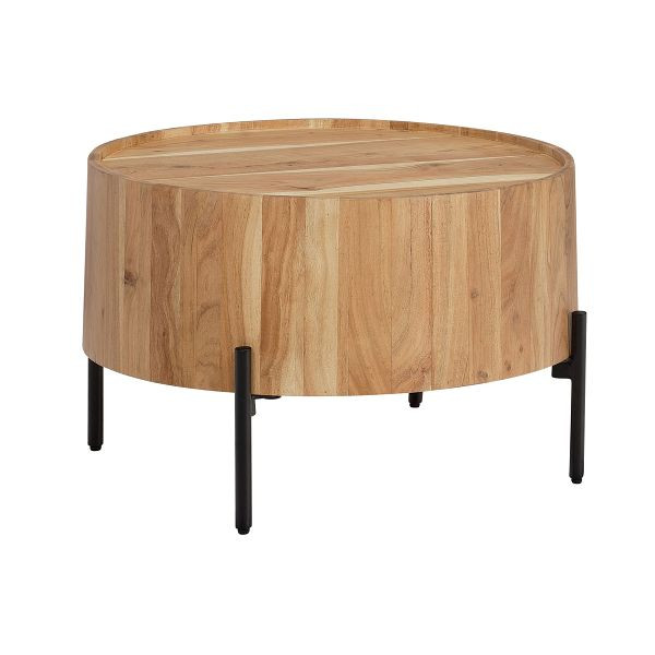 Wohnling Couchtisch Akazie Massivholz 60x60x41cm Rund mit Metallgestell, Kleiner Sofatisch, Kaffeetisch Braun / Schwarz, WL6.844