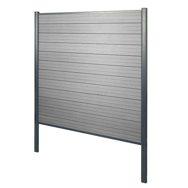 Mendler WPC-Sichtschutz Sarthe, Windschutz Zaun, Alu-Pfosten zum Einbetonieren, Basiselement, 190cm grau, 2x76243+3x76231+76234+76258