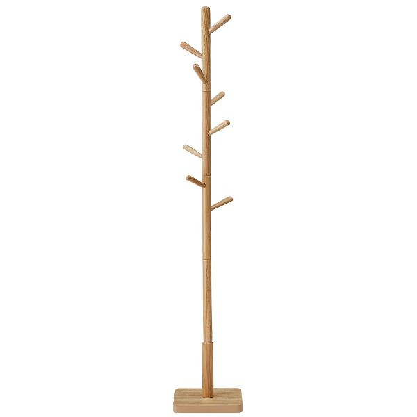 VASAGLE Garderobenständer, massiver Holz-Garderobenstand, freistehender Flur-Kleiderbaum mit 8 Haken, Gummiholzhaken -stange, Cappuccino Beige, RCR010N01
