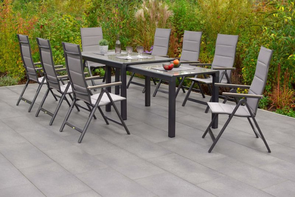 Merxx Trivero Set 9-teilig, 8 Klappsessel, gepadded, mit Polywood-Armlehne, 1 Flex Ausziehtisch, 160/320 x 78/75 cm, graphit/diamantbraun, 50576-217