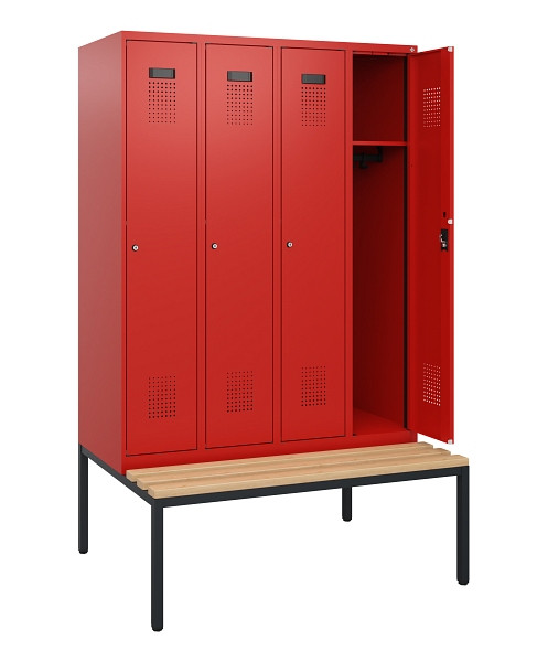 C+P Spind Evolo PLUS, 4 Abteile, 1950x1200x815mm, 3020/3020, Zylinderschloss, Sitzfläche Buche-Hartholz, Sitzbank, 0490505-40 S10052