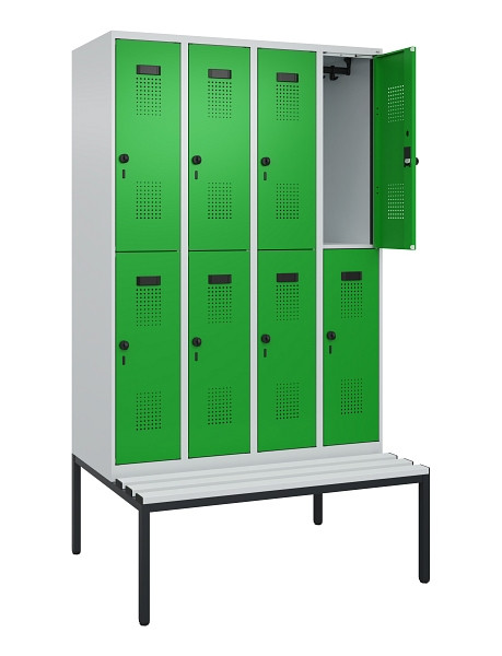 C+P Doppelstock-Spind Evolo PLUS, Bank, 8 Fächer, 2120x1200x815mm, 7035/6037, Drehriegel, Sitzfläche Kunststoff, Sitzbank, 0493507-40 S10092