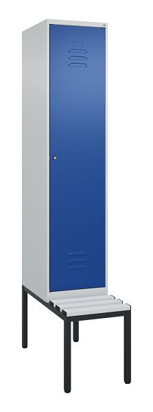 C+P Umkleidespind Classic PLUS mit Mitteltrennwand, Bank, 2120x400x815mm, 7035/5010, Zylinderschloss, 0800507-12F S10018
