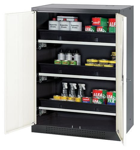 asecos Chemikalienschrank Systema-T CS-83, Korpus anthrazit, Flügeltüren weiß, 3 Tablarauszüge, 208859