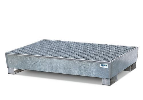 DENIOS Auffangwanne PRW 43 aus Stahl, verzinkt, mit Gabeltaschen und Gitterrost, für 4 Fässer à 200 Liter, 114375