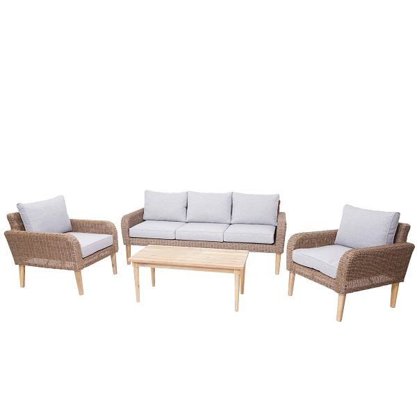Mendler Garnitur HWC-H57, Garten-/Lounge-Set Sofa Sitzgruppe, rundes Poly-Rattan Alu + Akazie Spun Poly FSC, Kissen hellgrau, 73599
