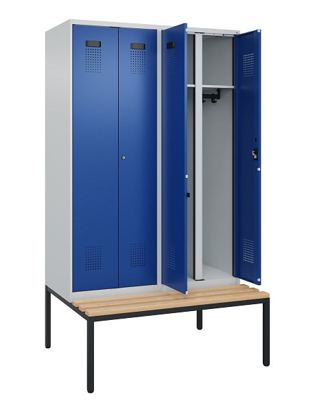 C+P Schwarz-Weiß-Spind Evolo PLUS, Bank, 4 Abteile, 2120x1200x815mm, 7035/5010, Zylinderschloss, Sitzfläche Buche-Hartholz, Sitzbank, 0490527-40 S10033