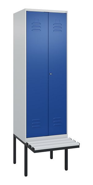 C+P Umkleidespind Classic PLUS SW, 2 Abteile, 2120x600x815mm, 7035/5010, Zylinderschloss, Untergestell & Sitzfläche, 0800427-20 S10018