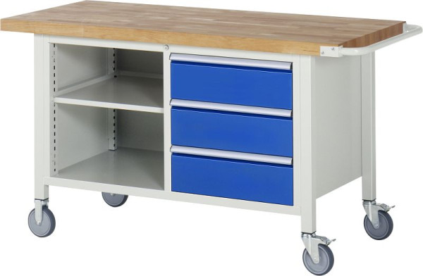 RAU Fahrbare Werkbank 8000- Modell 8462, B1500xT700xH880-1080mm, Doppel-Unterbau-Container, links Fachboden, rechts Schubladen 3x180mm, 05-8462A2-157B4H.11