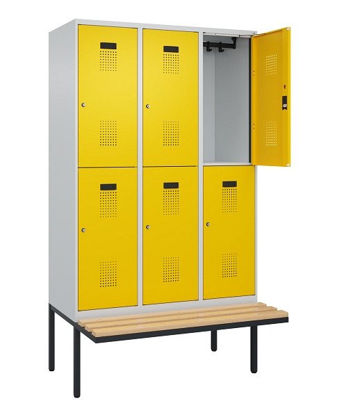 C+P Doppelstock-Spind Evolo PLUS, Bank, 6 Fächer, 2120x1200x815mm, 7035/1023, Zylinderschloss, Sitzfläche Buche-Hartholz, 0493407-32 S10028