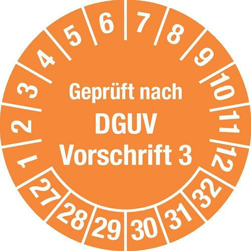 DENIOS Prüfplakette "Geprüft nach DGUV", 27 - 32, orange, Folie, SK, 20 mm, VE: 3 Bogen à 36 Stück, 290156
