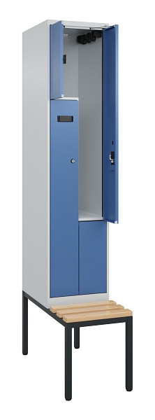 C+P Z-Spind Evolo PLUS, Bank, 2 Fächer, 2120x400x815mm, 7035/5023, Zylinderschloss, Sitzfläche Buche-Hartholz, Sitzbank, 0490537-122 S10041