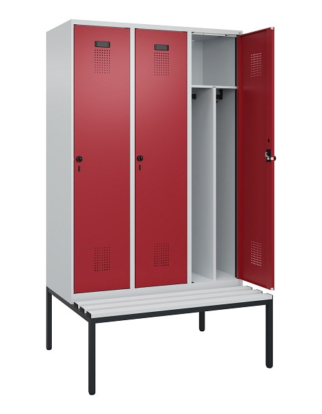 C+P Spind Evolo PLUS, 3 Abteile, 2120x1200x815mm, 7035/3003, Haken 4, Drehriegel, Sitzfläche Kunststoff, Sitzbank, Trennwand, 0490507-32F S10058