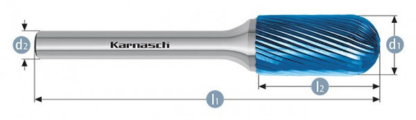 Karnasch Hartmetall-Frässtift Blue-Tec beschichtet WRC/ HP-5 d1=16/ l2=25 / d2=8 / l1=70mm, VE: 2 Stück, 115023125