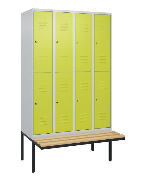 C+P Doppelstöckiger Spind Classic PLUS, 4 Abteile, 2120x1200x815mm, 7035/0024, Zylinderschlösser, Buche-Sitzleisten, Sitzfläche, 0803407-40 S10100