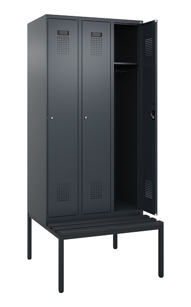 C+P Spind Evolo PLUS, 3 Abteile, 2120x900x815mm, 7016/7016, Haken 3, Zylinderschloss, Sitzfläche Kunststoff, Sitzbank, 0490507-30 S10097
