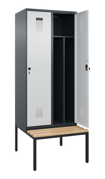 C+P Spind Evolo PLUS, 2 Abteile, 2120x800x815mm, 7016/7035, Haken 4, Drehriegel, Sitzfläche Buche-Hartholz, Sitzbank, Trennwand, 0490507-22F S10017