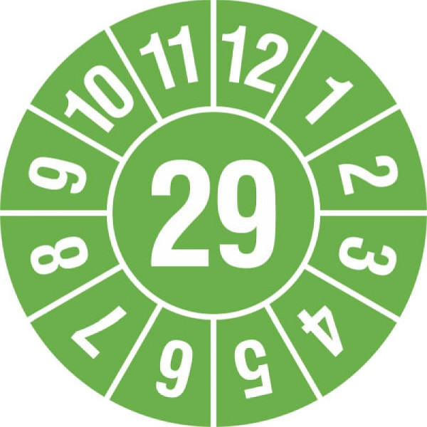 Stein HGS Prüfplaketten mit Jahresfarbe (1 Jahr), Ø 15 mm, grün, 2029, Jahreszahl 2-stellig, 31.3693-29