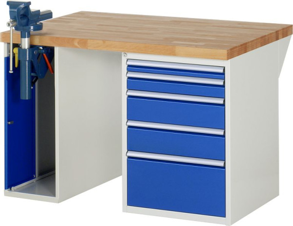 RAU Werkbank Serie 7000 - Baukasten-Bauweise, 5 x Schublade, 1 x Schraubstockschrank, 1250x840x900 mm, 03-7511A2-129B4S.11