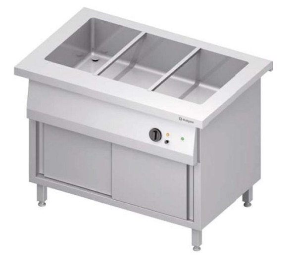 Stalgast Bain-Marie-Station "Free Flow" mit einem Becken 4x GN1/1 und Schiebetüren, 1465x735x880 mm Edelstahlabdeckung, FF14111