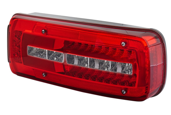 HELLA Heckleuchte, Truck Full LED, LED, 24V, ECE/nicht SAE/ADR/GGVS, Lichtscheibenfarbe: glasklar/rot, Stecker: Rundstecker, rechts, 2VP 012 381-341