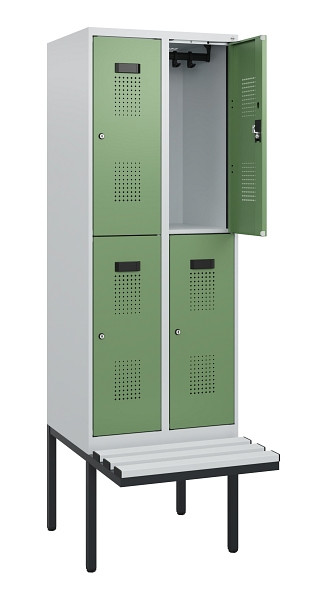 C+P Doppelstock-Spind Evolo PLUS, Bank, 4 Fächer, 1950x600x815mm, 7035/6011, Zylinderschloss, Sitzfläche Kunststoff, 0493405-20 S10145