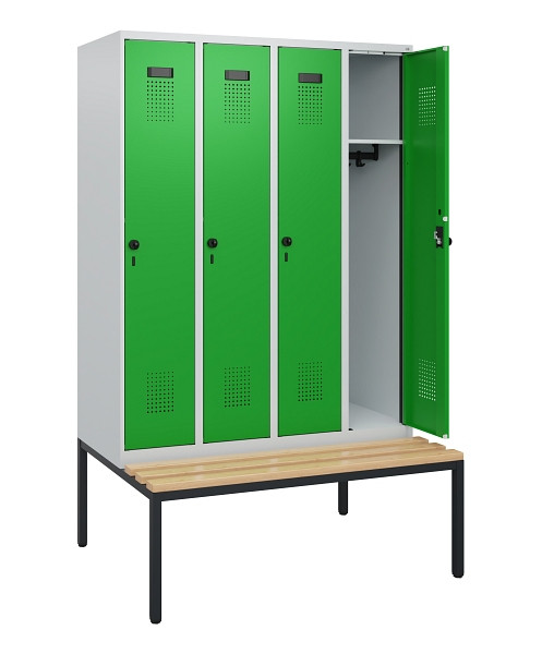 C+P Spind Evolo PLUS, 4 Abteile, 1950x1200x815mm, 7035/6037, Drehriegel, Sitzfläche Buche-Hartholz, Sitzbank, 0490505-40 S10011